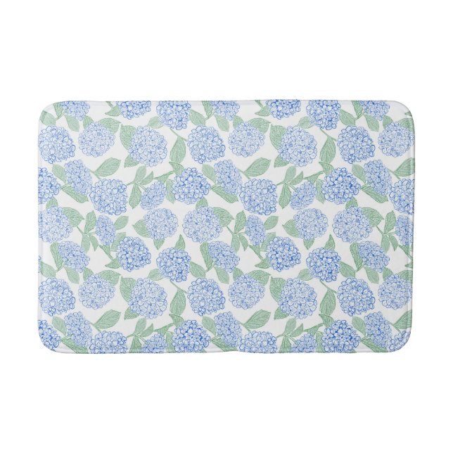 Blue and Green Hydrangea Floral Pattern Bath Mat (Front)