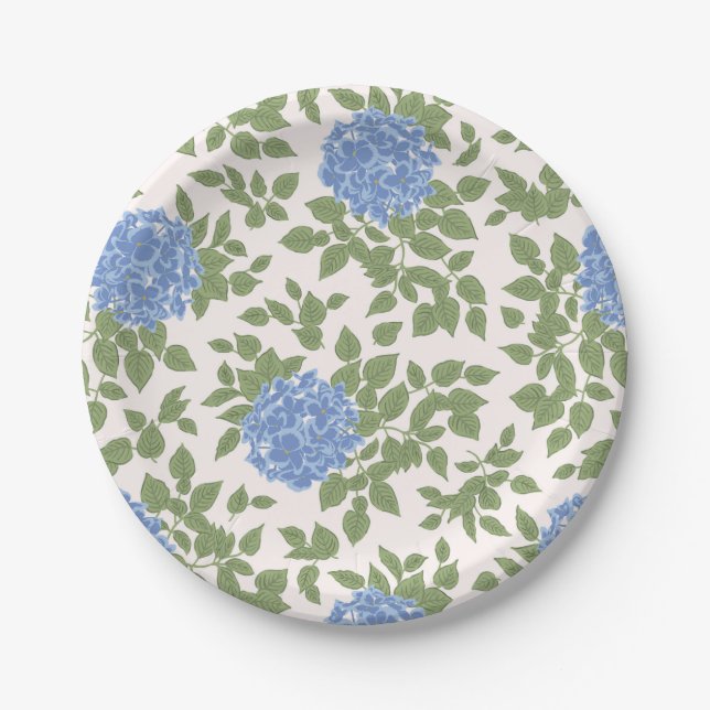 Blue and Green Hydrangea Florals Paper Plates (Front)