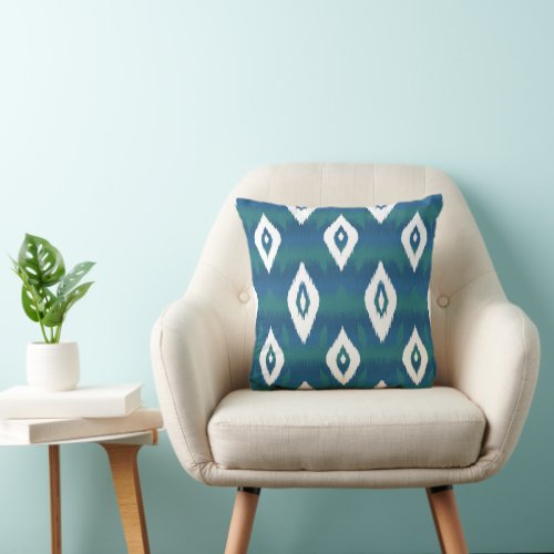 Blue and Green Ikat Pattern Abstract Throw Pillow