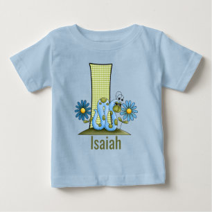 Blue and Green Inchworm Gingham Letter I Baby T-Shirt