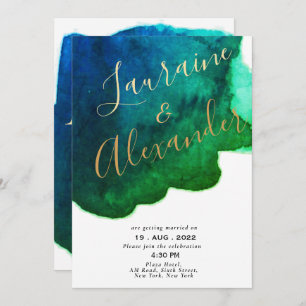 Blue and green ink watercolor abstract splash invitation