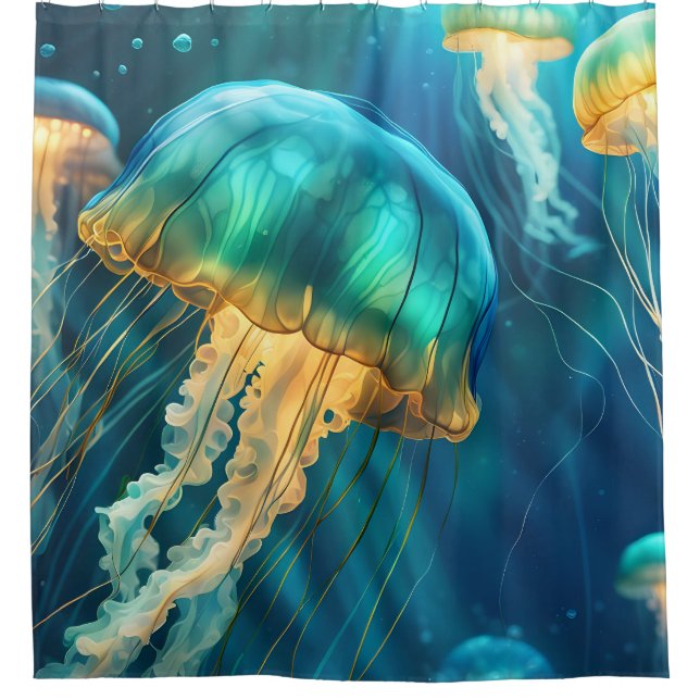 Blue and Green Jellyfish Shower Curtain (Front)