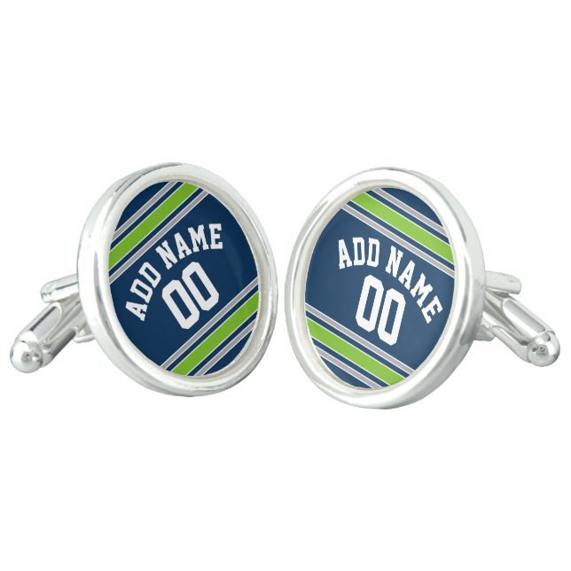 Blue and Green Jersey Stripes Custom Name Number Cufflinks (Angled)