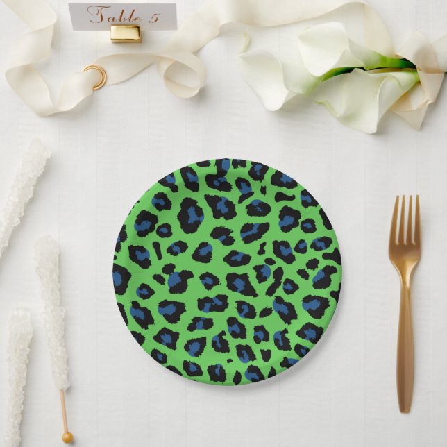 Blue and Green Leopard Print Paper Plates (Wedding)