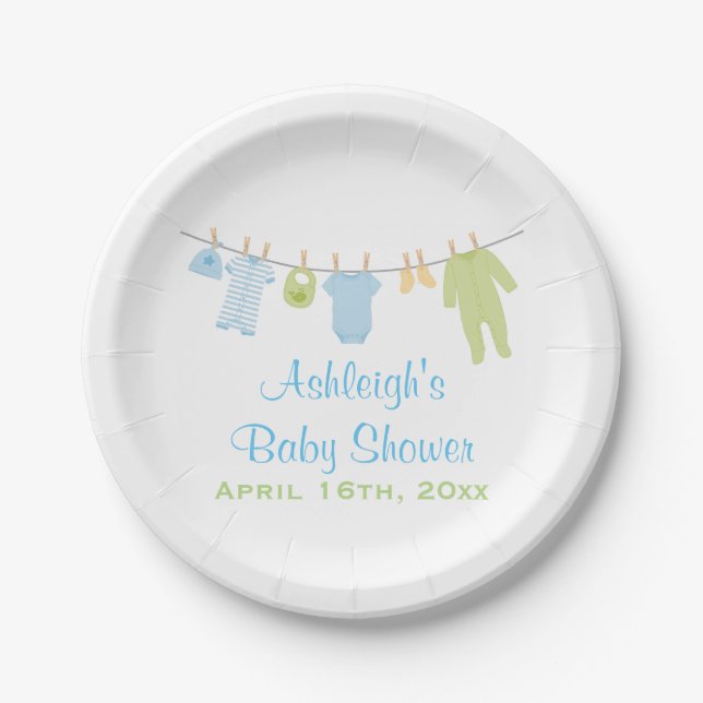 Blue and Green Little Clothes Baby Shower Paper Plates (Front)