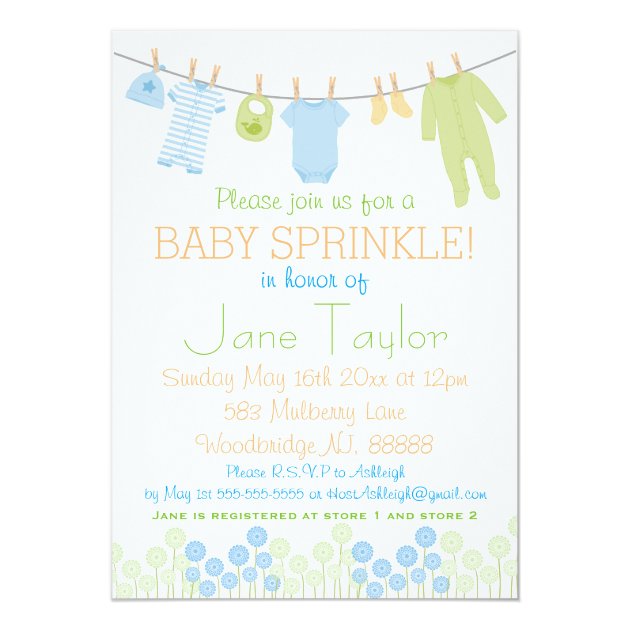 Blue And Green Little Clothes Baby Sprinkle Invitation