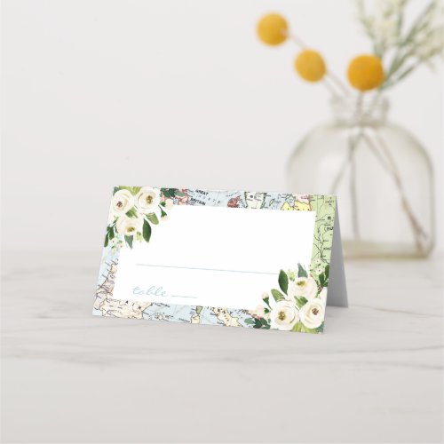 Blue and Green Map with Florals Travel Theme Place Card