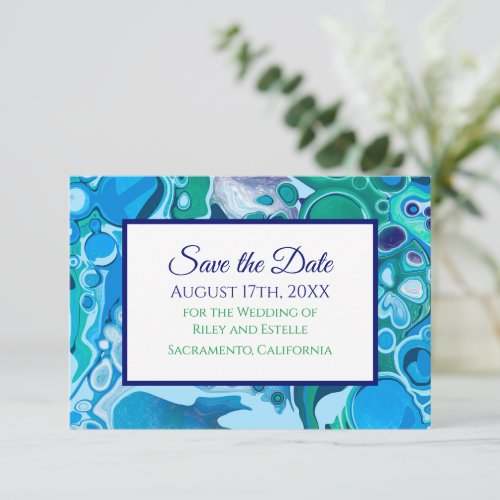 Blue and Green Marble Art Wedding Save the Date RSVP Card