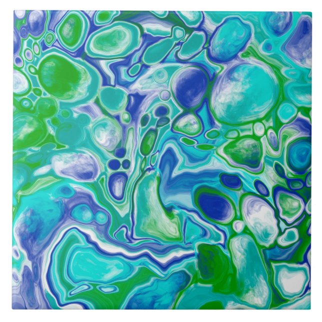 Blue and Green Marble Fluid Art Abstract    Ceramic Tile (Front)