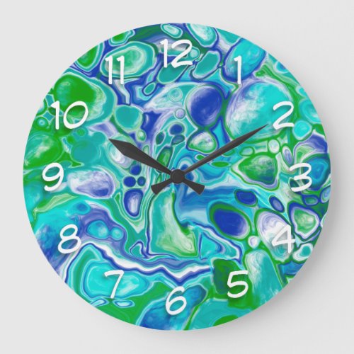 Blue and Green Marble Fluid Art Abstract  Large Clock