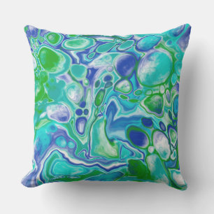 Blue and Green Marble Fluid Art Abstract   Outdoor Pillow