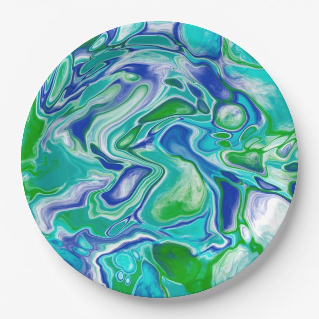 Blue and Green Marble Fluid Art Abstract   Paper Plates (Front)