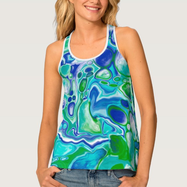 Blue and Green Marble Fluid Art Abstract   Tank Top (Front)