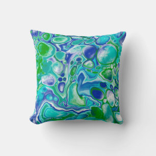 Blue and Green Marble Fluid Art Abstract   Throw Pillow