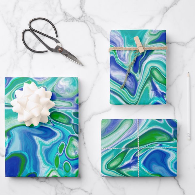 Blue and Green Marble Fluid Art Abstract   Wrapping Paper Sheets (Front)