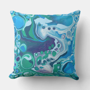 Blue and Green Marble Fluid Art Outdoor Pillow