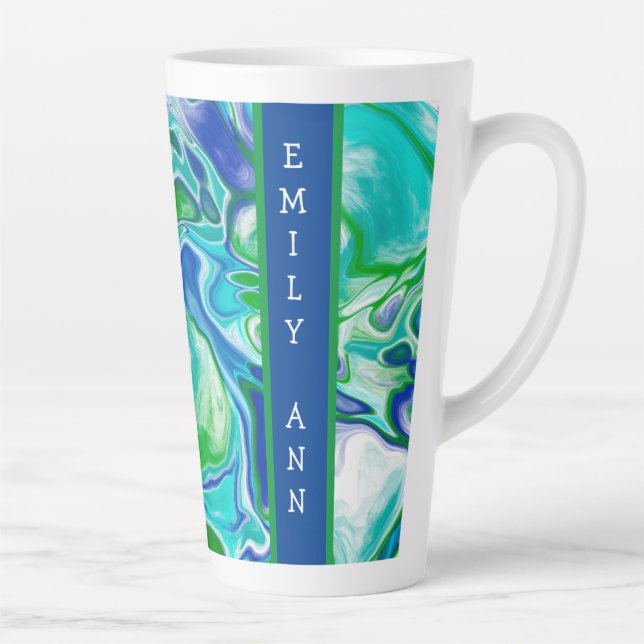 Blue and Green Marble Fluid Art Personalized   Latte Mug (Right)