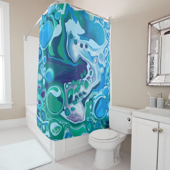 Blue and Green Marble Fluid Art   Shower Curtain (In Situ)