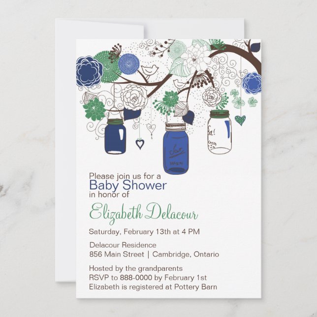 Blue and Green Mason Jars Baby Shower Invitation (Front)