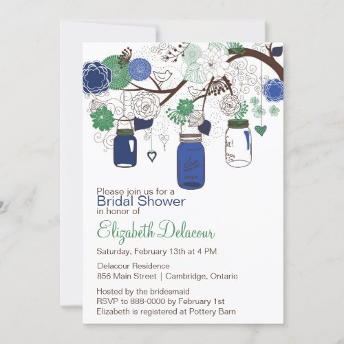 Blue and Green Mason Jars Bridal Shower Invitation