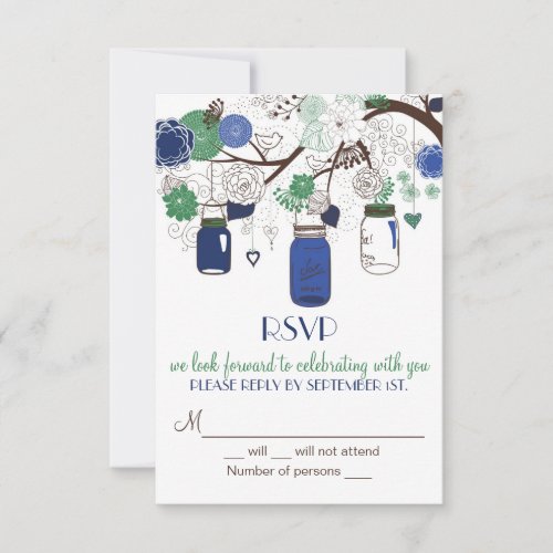 Blue and Green Mason Jars RSVP Wedding Invitation