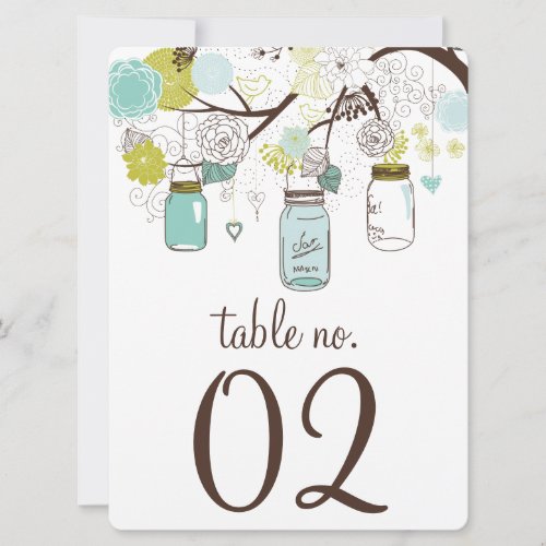 Blue and Green Mason Jars Table Numbers Card