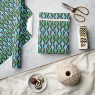 Blue and Green Modern Geometric Arrow Rows Wrapping Paper