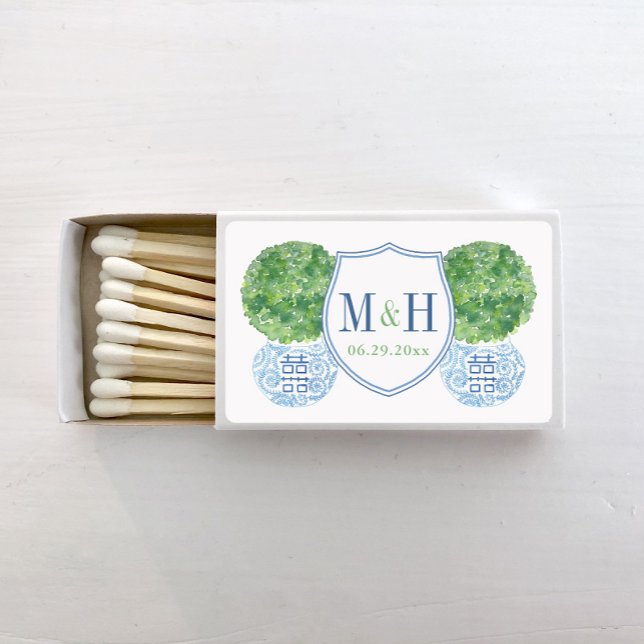 Blue And Green Monogram Country Club Wedding  Matchboxes (Boxwood topiary in ginger jar planter monogram crest wedding matches)