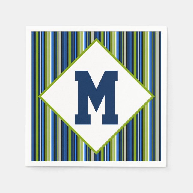 Blue and Green Monogrammed Cocktail Napkins (Front)