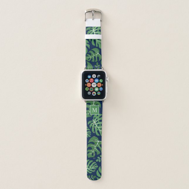 Blue and Green Monogrammed Monstera Leaves Apple Watch Band (Front)