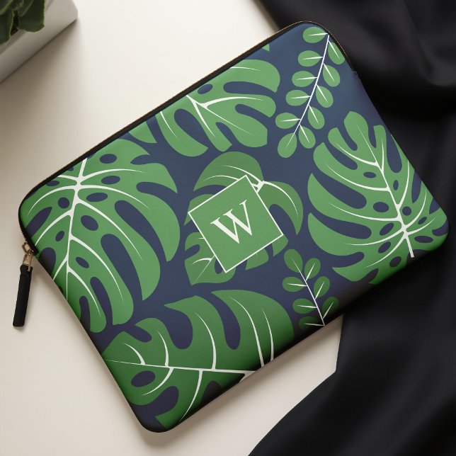Blue and Green Monogrammed Monstera Leaves Laptop Sleeve (Creator Uploaded)