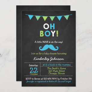 Blue and Green Mustache Baby Shower Invitation
