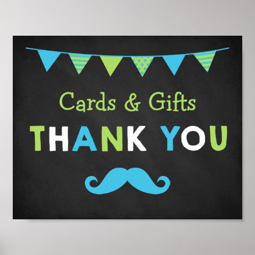 Blue and Green Mustache Chalkboard Baby Shower Poster