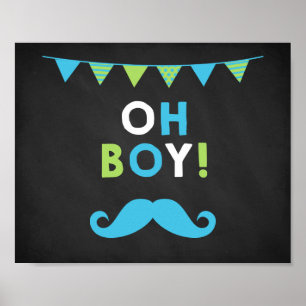 Blue and Green Mustache Chalkboard Baby Shower Poster