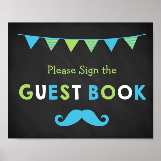 Blue and Green Mustache Chalkboard Guest Book (Front)