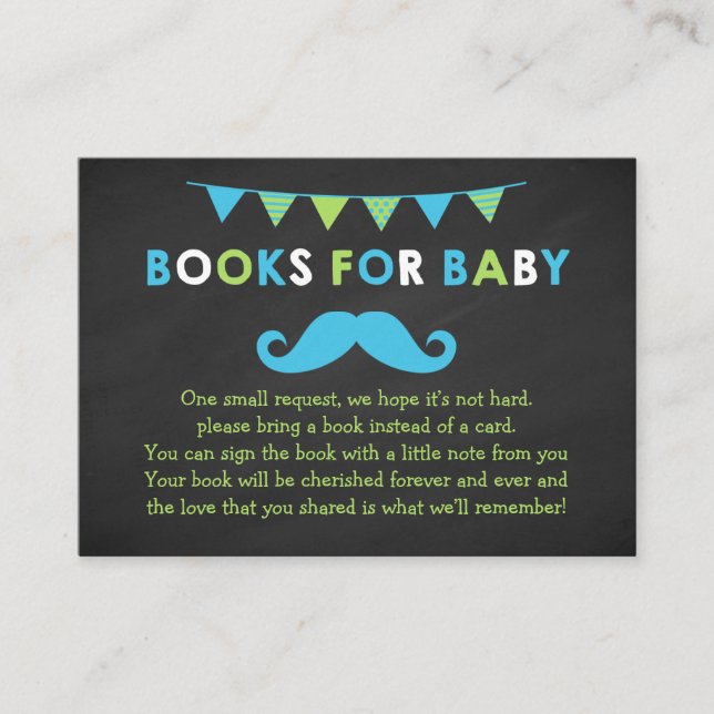 Blue and Green Mustache Shower Book Request Card (Front)