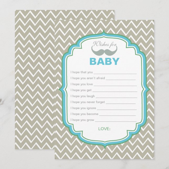 Blue and Green Mustache Wishes for Baby Card (Front/Back)