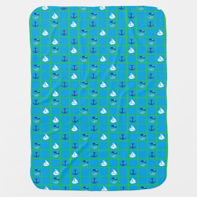 Blue and Green Nautical Sailboat Baby Blanket (Front)