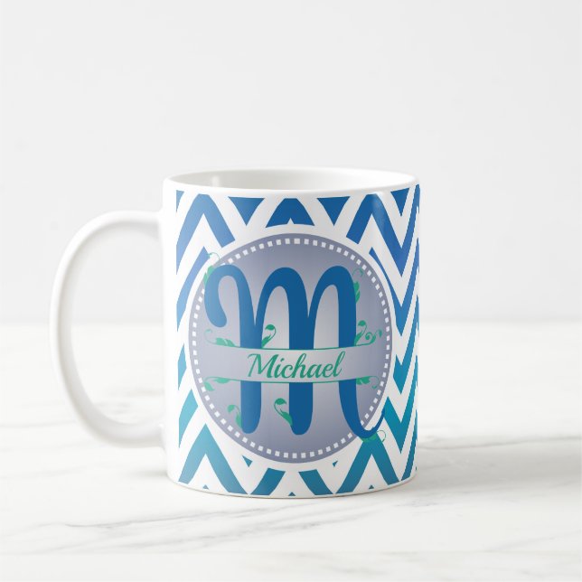 Blue and Green Ombre Chevron Pattern Monogram Coffee Mug (Left)