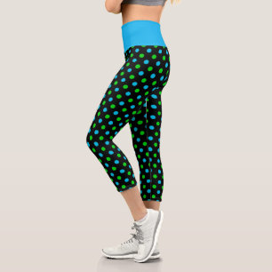 Blue and Green On Black Polka Dots Pattern  Capri Leggings