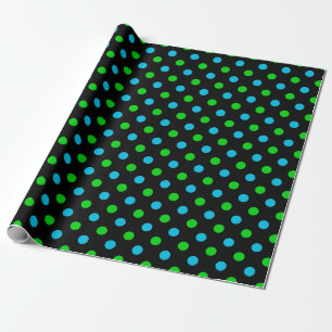 Blue and Green On Black Polka Dots Pattern  Wrapping Paper