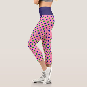 Blue and Green On Pink Polka Dots Pattern Capri Leggings