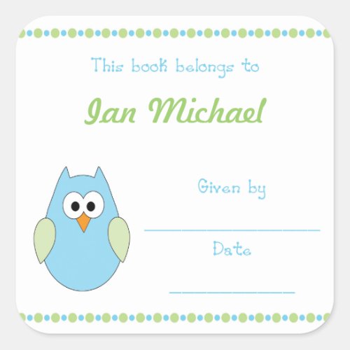 Blue and Green Owl Baby Boy Book Plate bookplates