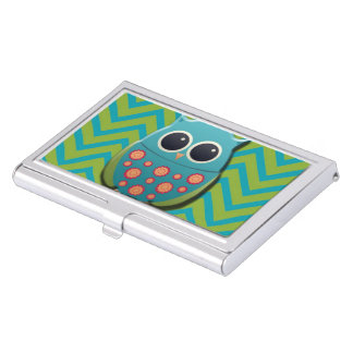 Blue and Green Owl on Blue and Green Chevron Business Card Holder