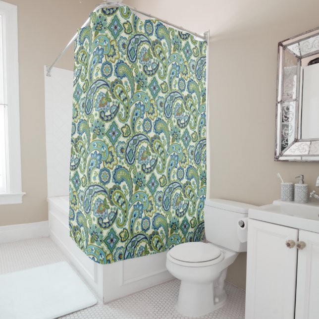 Blue and Green Paisley Shower Curtain (In Situ)
