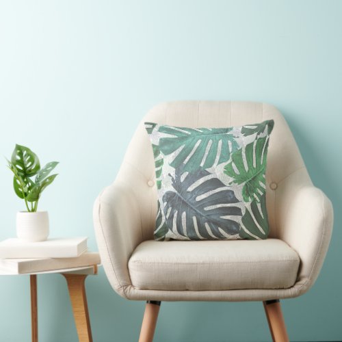 Blue and green palm tropical leaves throw pillow