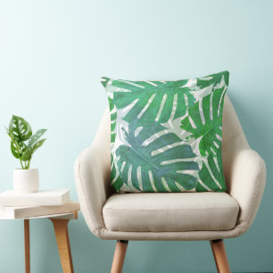 Blue and green palm tropical leaves throw pillow