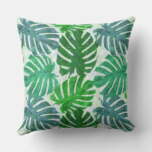 Blue and green palm tropical leaves throw pillow