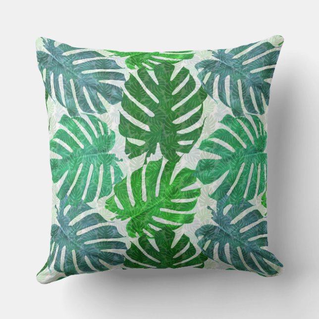 Blue and green palm tropical leaves throw pillow (Back)