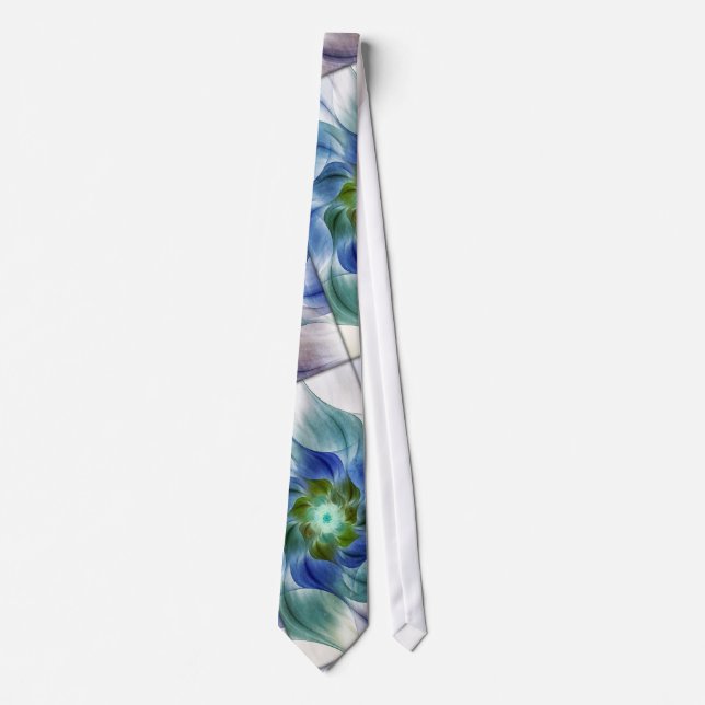 Blue and Green Pastel Fractal Flower Abstract Neck Tie (Front)